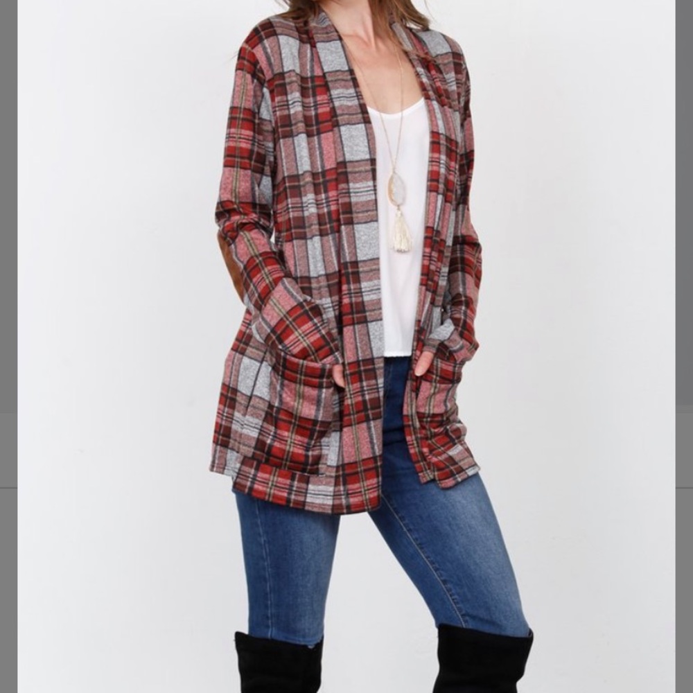 Burgundy Plaid Elbow Patch Open Cardigan